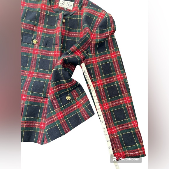 LE SUIT Vintage Collarless Tweed Jacket Black Red Green Gold SZ 8 EUC - Picture 6 of 11